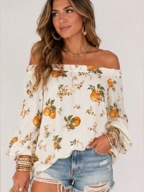 NWT Sugarlips Off-Shoulder Top with Orange & Green Fruit Print
